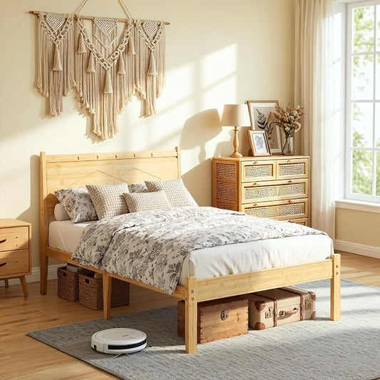 Askeld 14 inch Bamboo Twin XL Bed Frame with Headboard, Light Cottagecore Solid Wood Platform Bed with Heavy Duty Metal Slats, No Box Spring Needed, Easy Assembly, Noise Free