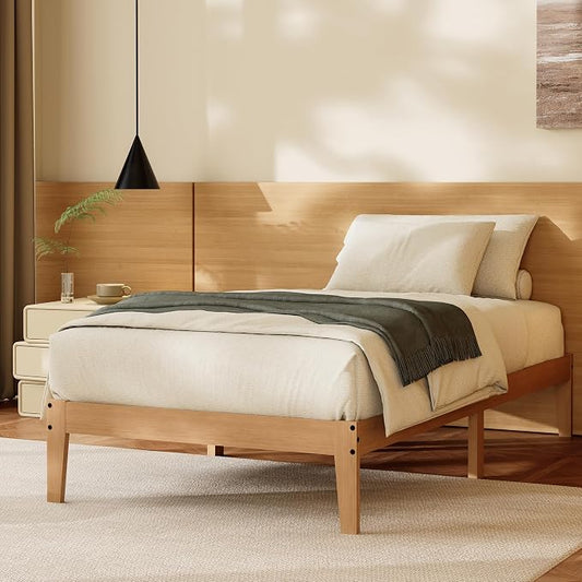 Tyndall Twin XL Bed Frame, 12 Inch Solid Wood Platform Bed with Wooden Slats, Natural Finish Wood Bed Frame with Underbed Space for Storage, Easy Assembly, No Box Spring Needed