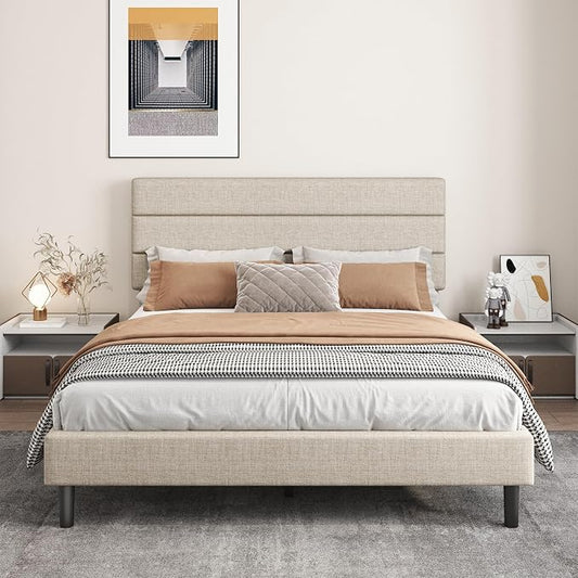Queen Platform Bed Frame with Adjustable Linen Fabric Upholstered Headboard, Strong Slats Support, Noise-Free, No Box Spring Required, Easy Assembly for Bedroom Guest Room, Beige