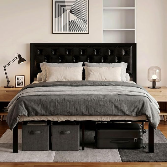 SHA CERLIN Full Size Metal Platform Bed Frame, PU Leather Upholstered Button Tufted Headboard, Mattress Foundation with 12.4” Under-Bed Storage, Noise-Free, Easy Assembly, No Box Spring Needed, Black