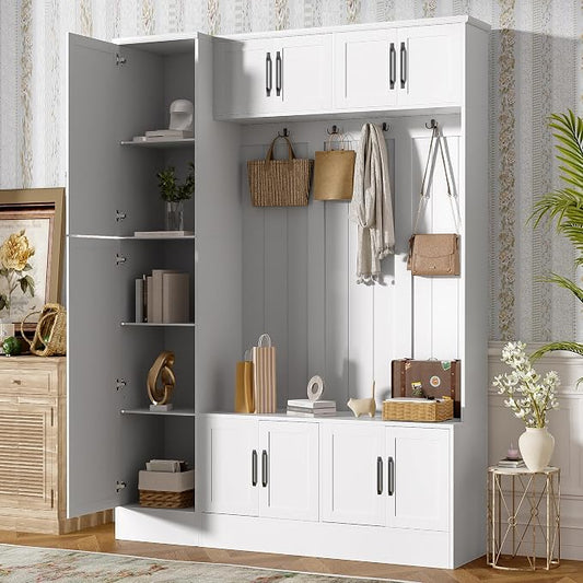 Merax Farmhouse Wood Hall Tree with Shoe Bench & 6 Cabinets, 4-in-1 Coat Rack with 4 Hooks & Adjustable Shelves, Entryway Storage Organizer Cabinet for Entrance, Hallway, Mudroom White