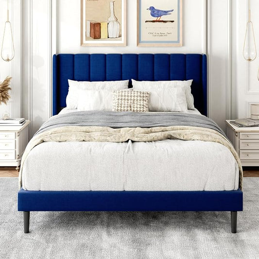 Gruwans Full Size Bed Frame with Upholstered Wingback Headboard, Easy Assemnly Platform Bed, Wooden Slat Support No Box Spring Needed, Navy Blue