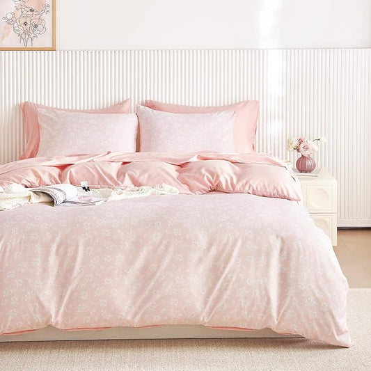 Wake In Cloud - Coquette Duvet Cover Set, Floral Cottagecore Flower Shabby Chic Cute Aesthetic, Soft Lightweight Bedding for Women Teen Girls, 3-Piece, Light Pink, Twin/Twin XL Size