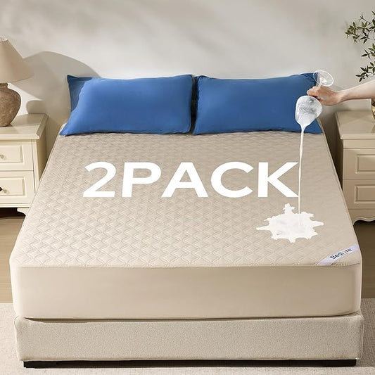 BEDLORE 2 Pack Waterproof Mattress Protector,Queen Size Mattress Pad Noiseless with Deep Pocket Fitted for 6"-18",Breathable Dirt Proof Bed Mattress Cover Washable for Home,Bedroom,Hotel(Beige)
