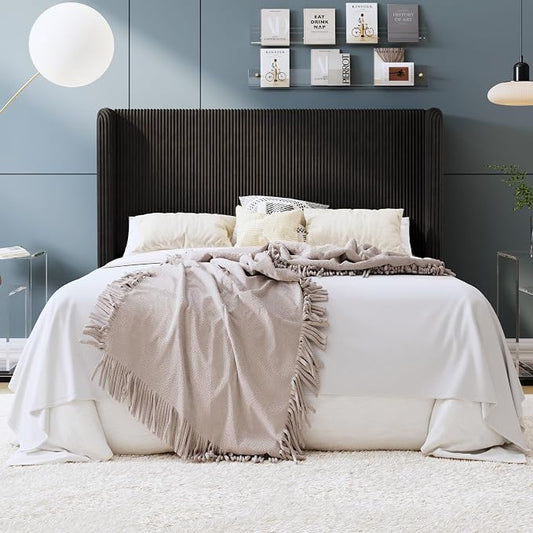 SHA CERLIN Full Size Corduroy Upholstered Platform Bed Frame with Vertical Channel Tufted Wingback Headboard, 8" Under Bed Storage, Wooden Slats & Metal Frame Support, Easy Assembly, Black