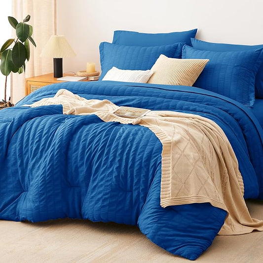 CozyLux Full Size Comforter Sets with Sheets 7 Pieces, Classic Blue Seersucker Bed in a Bag Textured Luxury Soft Bedding Set with Down Alternative Comforter, Sheets, Pillowcases & Shams for All Season