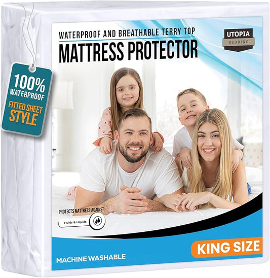 King Size Mattress Protector Waterproof, Premium 200 GSM Terry Mattress Cover, Soft & Breathable Bed Cover, Fitted Sheet Style Stretchable Deep Pockets 17" by Utopia Bedding (White)