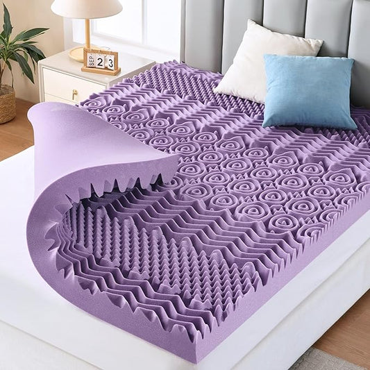 MUXHOMO 3.9 Inch 7-Zone Queen Mattress Topper, Egg Crate Memory Foam Mattress Topper Queen Size for Back Pain, Lavender Cooling Gel Infused Bed Pad, CertiPUR-US and Oeko-TEX Certification (60"×80")