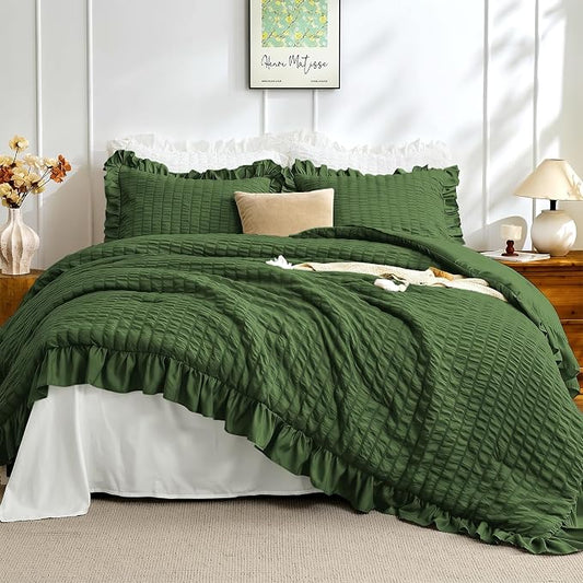 JOLLYVOGUE Dark Green King Comforter Set, 3 Pieces Seersucker Comforters King Size, Lightweight & Fluffy Bedding Sets King for All Season with 1 Ruffle Comforter and 2 Ruffle Pillowshams