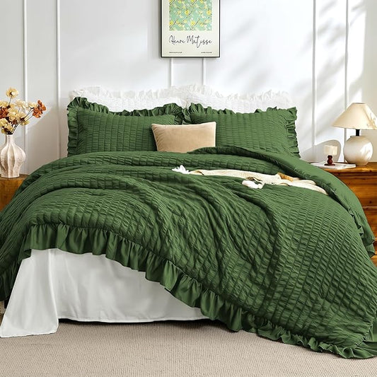 JOLLYVOGUE Dark Green Twin Size Comforter Set, 2 Pieces Seersucker Lightweight Fluffy Bedding Set, Twin Ruffle Comforter, All Season Soft Microfiber Shabby Chic Bed Set