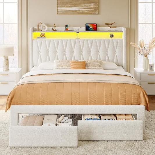 Rolanstar Full Bed Frame with Drawers, Storage Headboard with Charging Station and LED Lights, Upholstered Bed with Heavy Duty Wood Slats, No Box Spring Needed, Noise Free, Easy Assembly, Beige