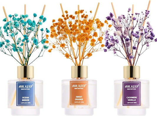 Airkeep Reed Diffuser Set of 3, Ocean Breeze Sweet Orange Cashmere Vanilla Oil Reed Diffusers for Bedroom Living Room Office Aromatherapy Oil Reed Diffuser for Gift 50ml x 3