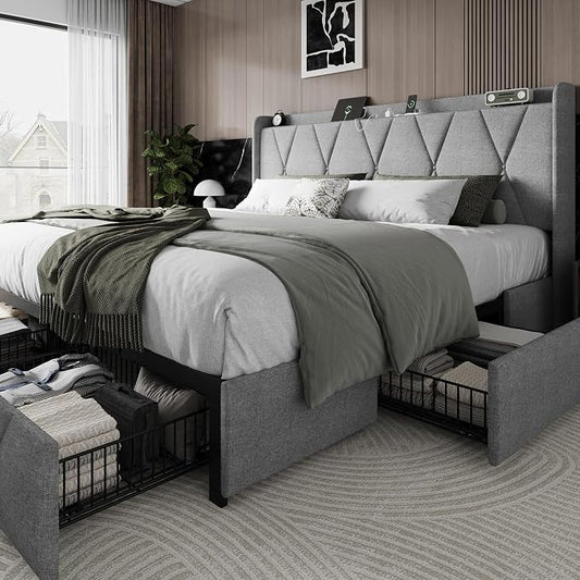 Einhomn King Size Bed Frame with 4 Storage Drawers and Charging Station, Upholstered Platform Bed Frame with Storage Headboard, No Box Spring Needed, Easy Assembly, Light Grey