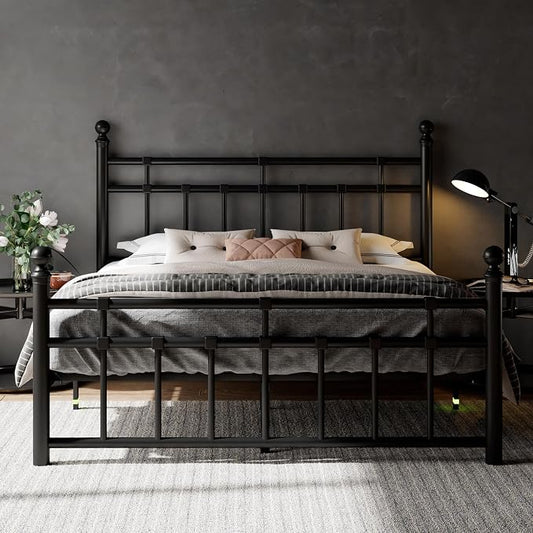 Feonase Full Size Metal Platform Bed Frame with Victorian Classic Iron-Art Headboard & Footboard, Heavy Duty Slats, 12" Under Bed Storage, No Box Spring Needed, Easy Assembly, Noise-Free, Black