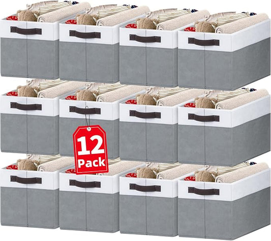 Criusia 12 Pack Large Storage Baskets for Shelves | Fabric Closet Organizers and Storage Bins with Handles for Home Organization | Decorative Collapsible Basket for Organizing Clothes Toy Nursery