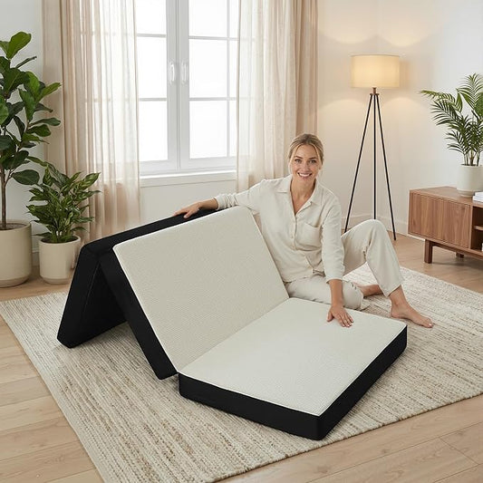 Foldable Mattress Queen, Memory Foam Tri Fold Mattress with Removable Washable Cover, 4 inch Folding Mattresses Floor Bed Sleeping Pad for Guest, RV, Travel, Camping, White, 78"x58"x4"