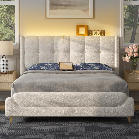 Novilla Queen Bed Frame with Charging Station & LED Lights, Upholstered French Luxury Platform Bed with Wingback Headboard, Lamb Wool Fabric, No Box Spring Needed, Easy Assembly, Cream White