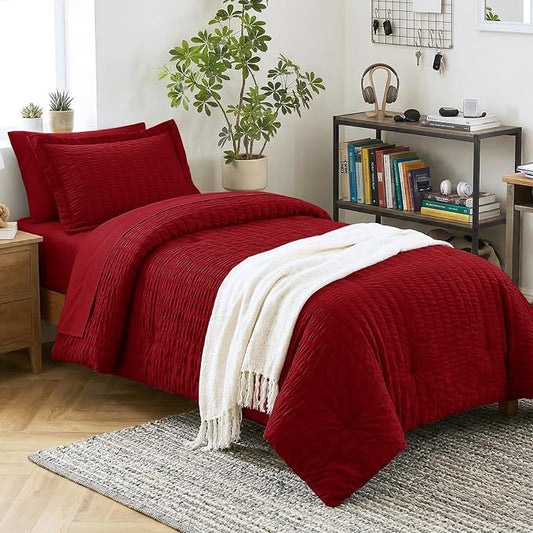 CozyLux Twin Comforter Set with Sheets 5 Pieces, Dark Red Seersucker Textured Bed in a Bag for Bedroom, Luxury Soft Bedding Sets with Down Alternative Comforter, Sheets, Pillowcase & Sham All Seasons
