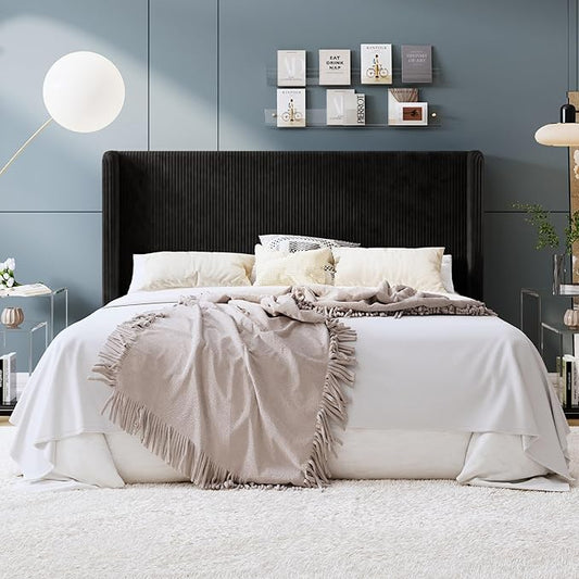 SHA CERLIN King Size Corduroy Upholstered Platform Bed Frame with Vertical Channel Tufted Wingback Headboard, 8" Under Bed Storage, Wooden Slats & Metal Frame Support, Easy Assembly, Black