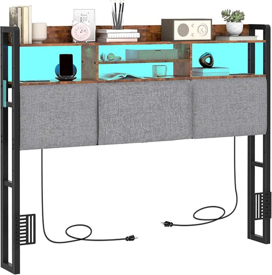 Livofloral Headboard for Full Size Bed with Charging Station and LED Light, Full Bed Upholstered Head Board with Storage Shelves, Full Size Headboard with Power Outlets, Height Adjustable, Brown