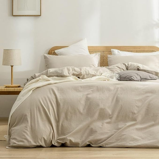 BESTOUCH Duvet Cover Set 100% Washed Cotton Linen Feel Super Soft Comfortable Chic Lightweight 3 PCs Home Bedding Set Solid Almond Milk Grey Alaska King