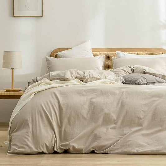 BESTOUCH Duvet Cover Set 100% Washed Cotton Linen Feel Super Soft Comfortable Chic Lightweight 3 PCs Home Bedding Set Solid Almond Milk Grey Oversized Full