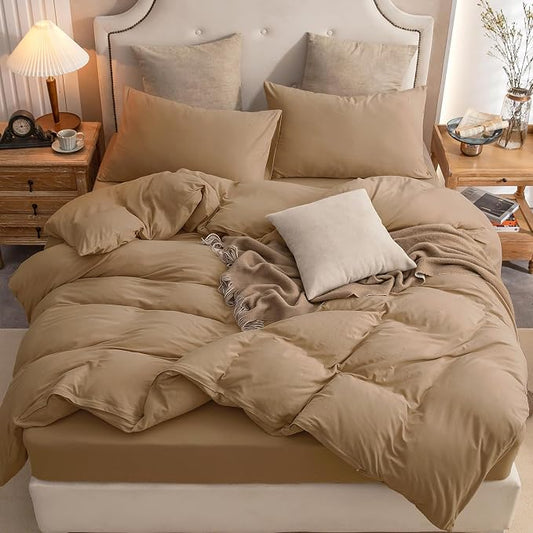PURE ERA Jersey Knit Duvet Cover Set 100% T-Shirt Cotton Super Soft Comfy 2pc Bedding Set with Zipper Closure (Solid Toffee Brown, Twin)