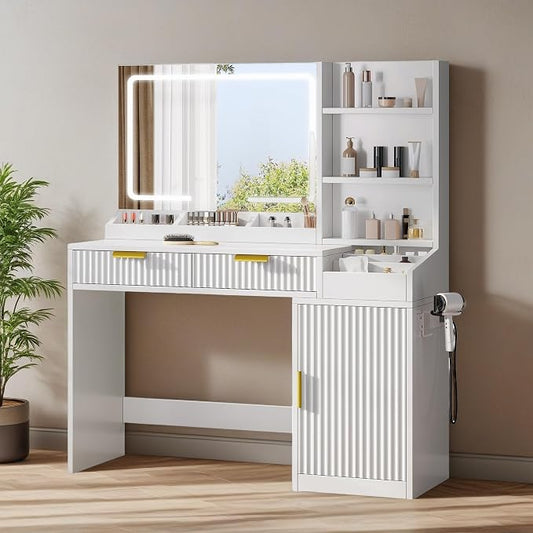 YITAHOME Large Makeup Vanity Desk with Mirror and Lights, Fluted Vanity Table with 2 Drawers & Adjustable Shelves, Makeup Mirror in 3 Modes Lighting, Dressing Table Set w/Charging Station, White