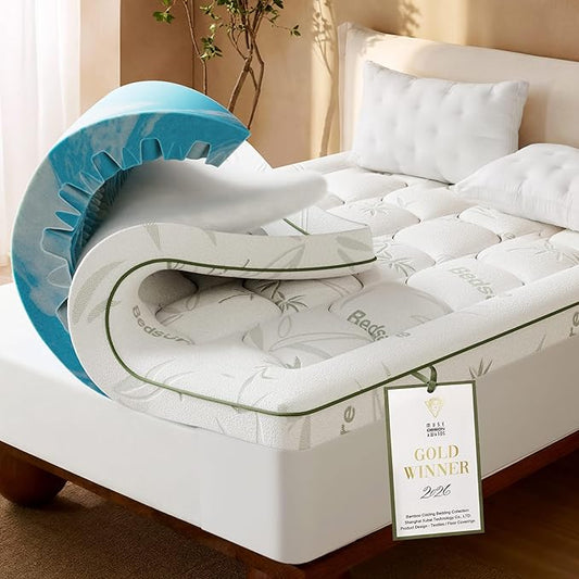 Bedsure Dual-Layer 5 Inch Memory Foam Mattress Topper Twin XL, 3 Inch Memory Foam + 2 Inch Viscose Made from Bamboo Mattress Topper Pad Cover, Flippable Memory Foam with Dual Comfort, White