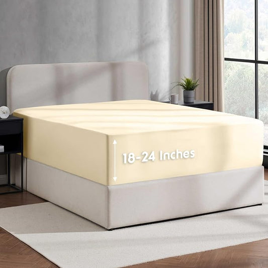 Nestl Beige Cream Extra Deep Pocket King Fitted Sheet Only, Hotel Luxury King Size Fitted Sheets Easily Fits 18 to 24 Inch Mattress, Super Soft, Wrinkle-Free, and Breathable Sheets with Corner Straps