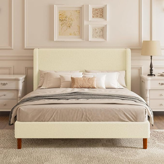Queen Boucle Upholstered Platform Bed Frame with Adjustable Wingback Headboard, Cloud Bed with Solid Wood Legs, No Box Spring Needed, Easy Assembly, Beige