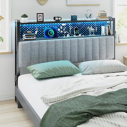 VINGLI Queen Size Headboard Only, Adjustable Upholstered Headboard with 2 Tier Shelves and Pegboard with Charging Stations and LED Lights, Modern Bed Headboard with Storage for Bedroom Decor