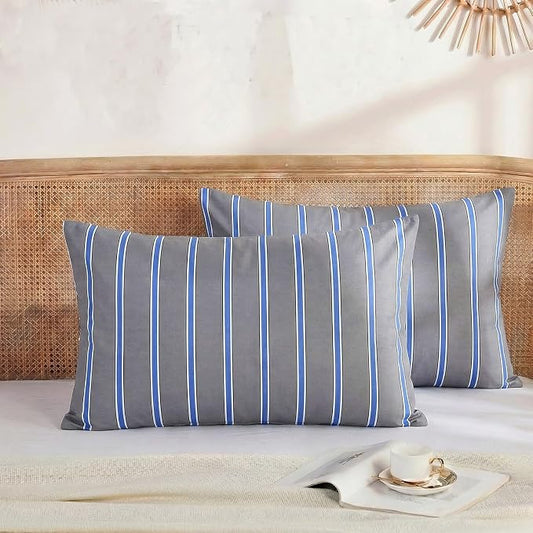 Merryword 100% Cotton Pillow Cases, Standard Size Pillowcases, Blue and Gray Striped Pillowcases, Soft Breathable Engineered Stripes Pillow Covers, Set of 2