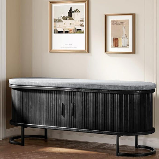 Decofy Storage Bench with Cushion and Sliding Doors, 47.2 Inch Large Entryway Shoe Bench with Sturdy Metal Feet, Multi-Functional for Entrance Hall, Bedroom, Living Room (Black Walnut)