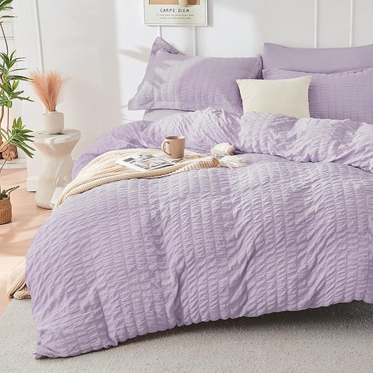 HYMOKEGE Lavender Duvet Cover Queen Size, Ultra Soft 3-Piece Seersucker Duvet Cover Set with Zipper Closure, Soft Brushed Microfiber Bedding Set with 8 Corner Ties (90"x90", 2 Pillowshams)