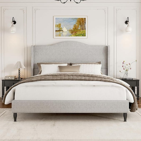Queen Bed Frame with Headboard, Upholstered Platform Bed with Tall Wingback Headboard, Sturdy Wood Slats Support, Easy Assembly No Box Spring Needed, Modern Style Bed for Bedroom, Beige