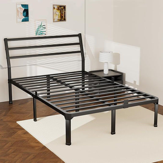 ROIL Full Size Metal Bed Frame with Headboard, 14inch Black Heavy Duty Platform with Steel Slats Support and Mattress Stoppers, 3500LBS No Box Spring Needed, Easy Assembly Noise-Free
