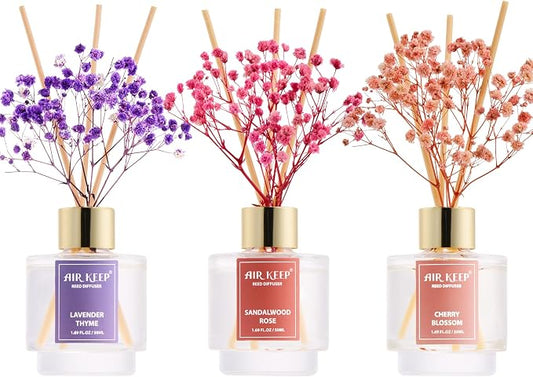 Airkeep Reed Diffuser Set of 3, Lavender Thyme Sandalwood Rose Cherry Blossom Oil Reed Diffusers for Bedroom Living Room Office Aromatherapy Oil Reed Diffuser for Gift 50ml x 3