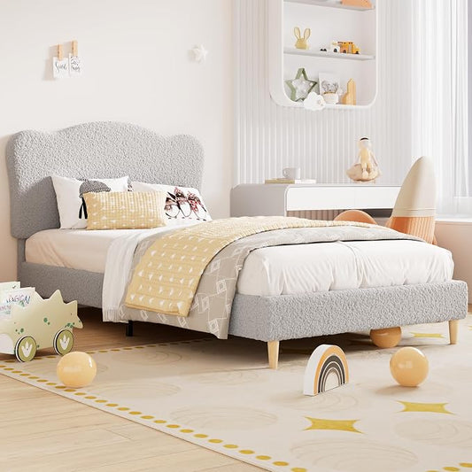 GarveeHome Kids Full Size Bed Frame with Adjustable Headboard, Sherpa Fleece Upholstered Modern Platform Bed Frame Full with Sturdy Wood Slats, No Box Spring Needed, Easy Assembly, Light Grey