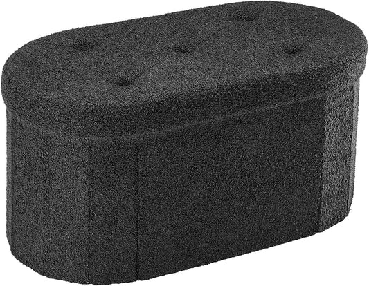 DUMOS Folding Storage Ottoman Bench, Oval Round Ottoman End of Bed Foot Rest Bench Stool with Cushion, Storage Chest for Bedroom, Living Room, Entryway, Dorm, Teddy Fabric, Black