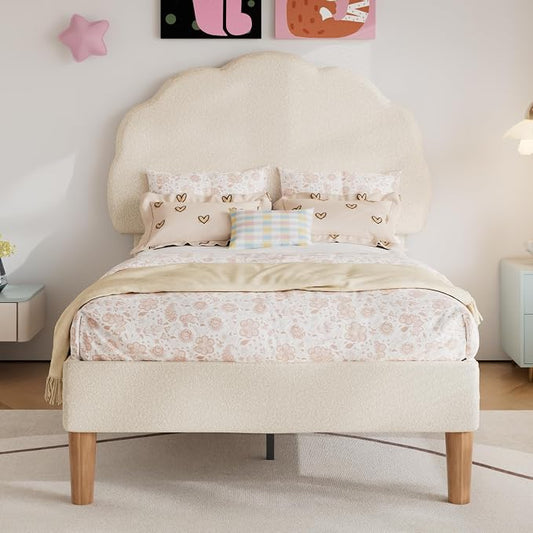VECELO Twin Size Bed Frame, Upholstered Platform Bedframe with Height Adjustable Plush Fabric Headboard, Strong Wood Slat Supports, No Box Spring Needed, Beige
