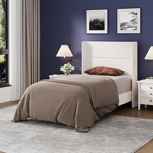 Garvee Twin Size Bed Frame with Wingback Headboard, Velvet Upholstered Platform Bedframe with Wood Slats, No Box Spring Needed, Easy Assembly, White