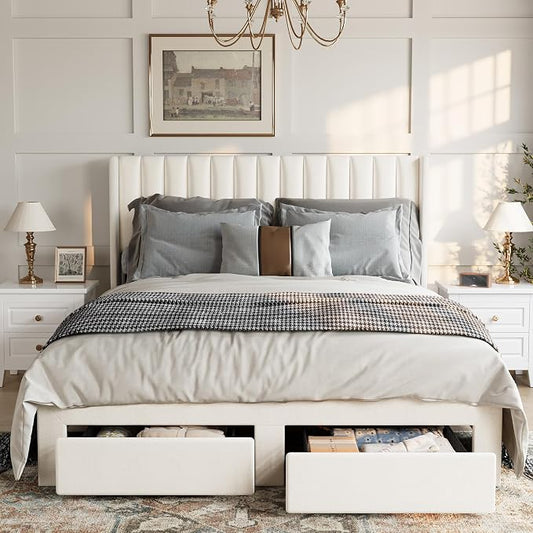 GarveeHome Full Size Bed Frame, Bed Frame Upholstered Platform Bed with Velvet Headboard, Wing Edge Design, 2 Storage Drawers, No Box Spring Needed, White
