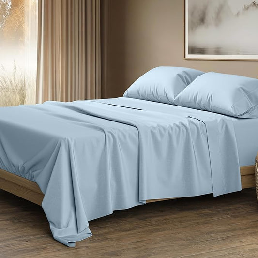 THREAD SPREAD 100% Egyptian Cotton King Size Sheets Set - Luxury 1500 Series Egyptian Cotton Sheets King Size (4 PC, Light Blue), Silky Soft, Sateen, Cooling & Breathable, 17" Deep Pocket Bed Set