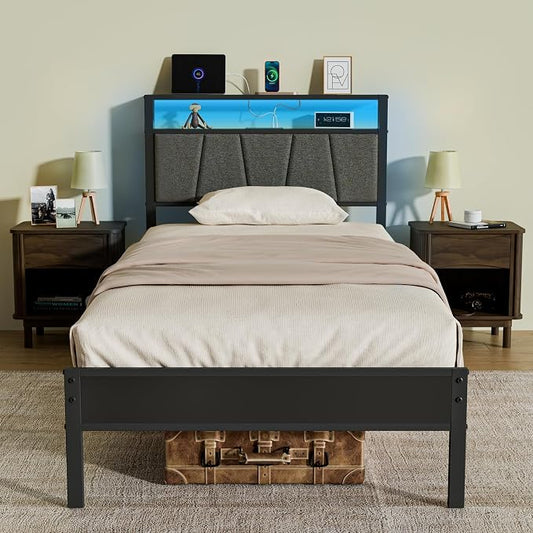 Z-hom Storage Headboard with Charging Station Twin Bed Frame, LED Bed with Upholstered Headboard and Footboard, Metal Platform Bed with 2-Tier Shelves, Easy Assembly, No Box Spring Needed, Noise Free