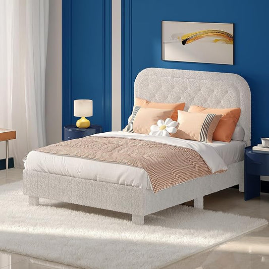 VINGLI Full Boucle Cloud Bed Frame with Headboard,Upholstered Soft Bed with Wood Sturdy Slats Support, Rounded Corners,Modern Cream Style,Easy Assembly, White