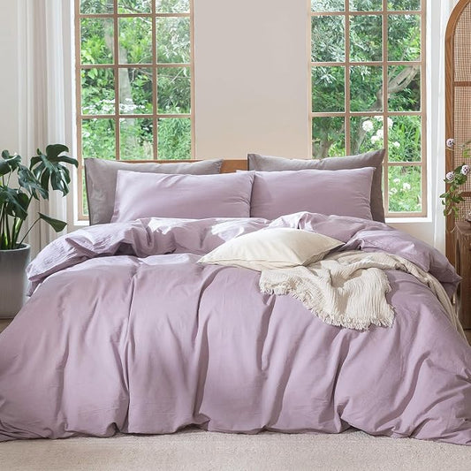 MooMee Bedding Duvet Cover Set 100% Washed Cotton Linen Like Textured Breathable Durable Soft Comfy (Heathered Light Purple, Twin 68"x90")