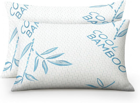 OMEO 2 Pack Bamboo Pillow Queen Size for Sleeping, Hypoallergenic Cooling Shredded Memory Foam Bed Pillows for Side, Back and Stomach Sleepers, Adjustable Loft and Washable Cover 20" x 30"