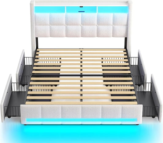 Rolanstar Full Size Bed Frame with LED Lights and Charging Station, Upholstered Bed Storage Headboard & Drawers, Heavy Duty Wood Slats, Easy Assembly, White