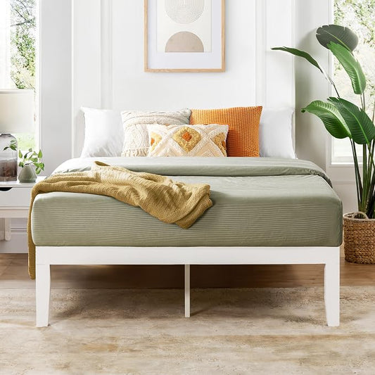 Mellow Naturalista Classic 16 Inch Solid Wood Platform Bed with Wooden Slats, White, Queen